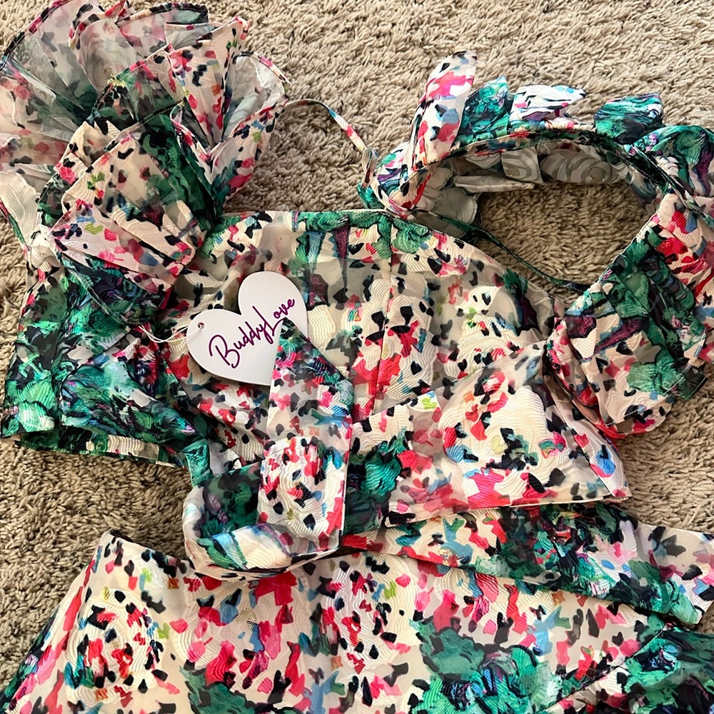 Buddy Love Floral Ruffle Crop Top in Cream, Green, Pink
